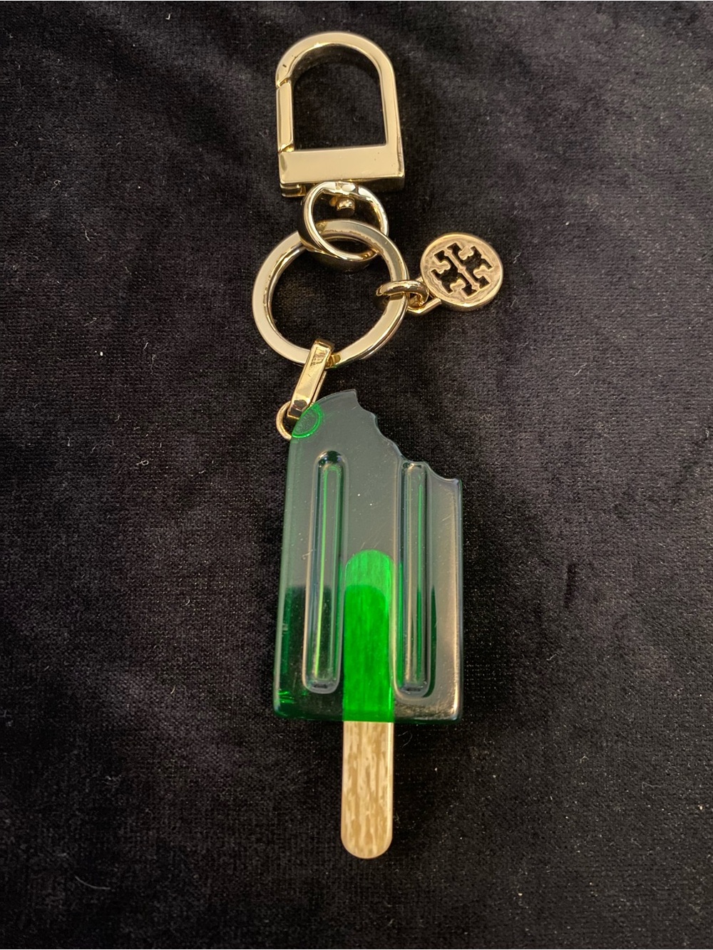 Tory Burch Gold Hardware Keychain with Green Popsicle bag Charm key fob